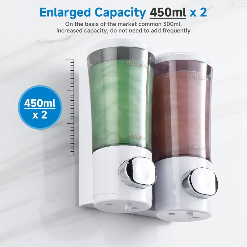 DOLPLEAP Shampoo Conditioner Body Wash Dispenser No Drill Shower Soap Dispenser Wall Mounted Shampoo Dispenser 2 Chamber with Upgrade Pump Head Bathroom Soap Dispenser 450ml/Each White - Image 4
